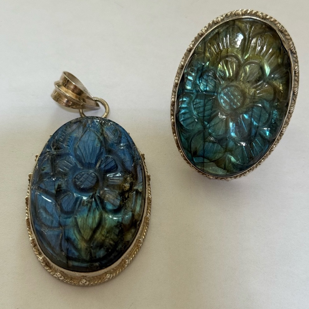Carved LABRADORITE Sterling Pendant & Ring